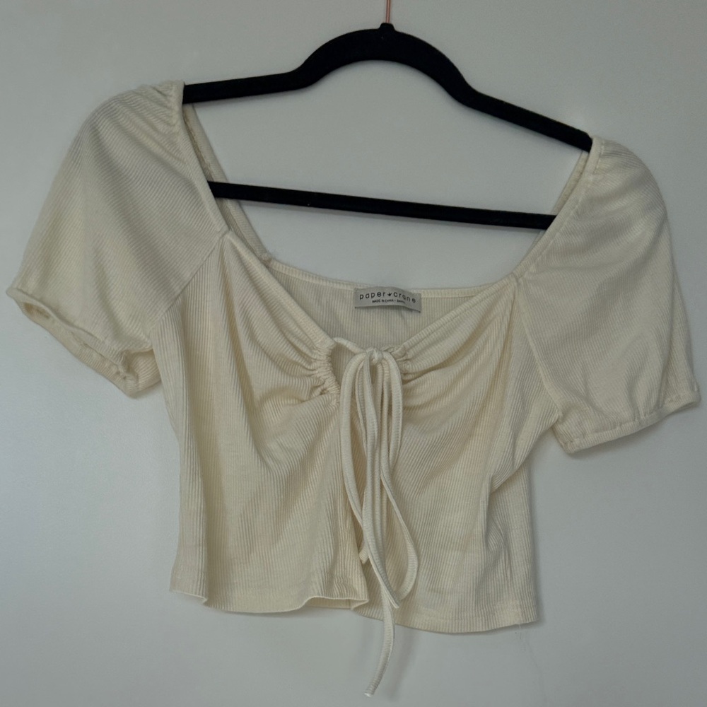 Paper Crane Cream Ruched Tie-Front Crop Top